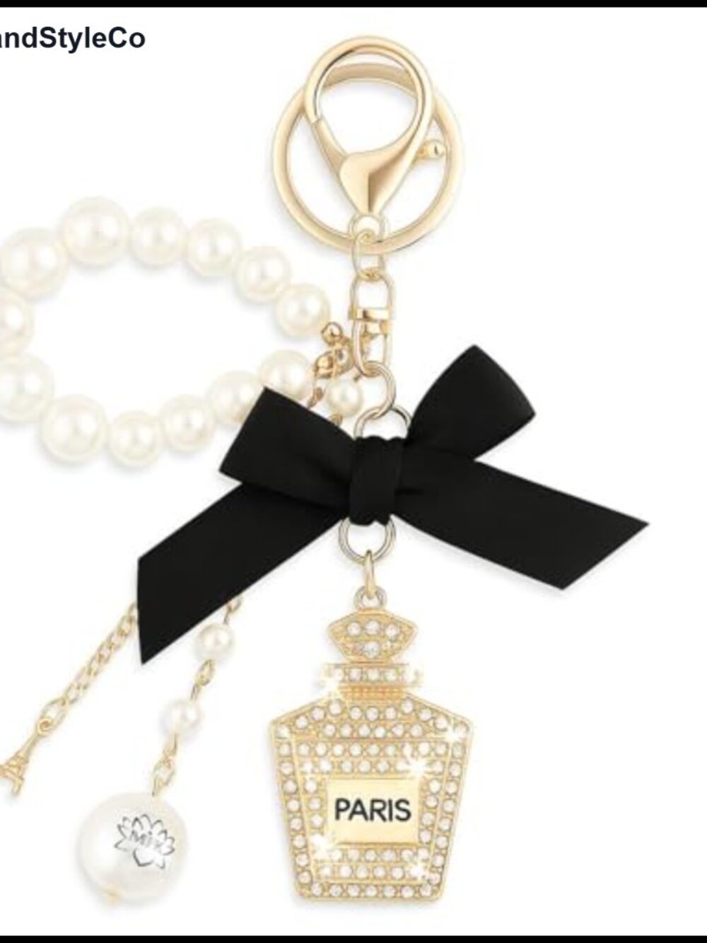 Pearl Perfume Purse Charm Keychain Rhinestone Gold-Tone Zinc Alloy Wristlet